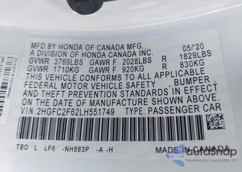 2020 Honda Civic Lx z USA, uszkodzony, nr VIN 2HGFC2F62LH551749
